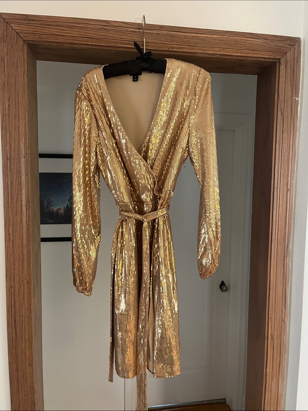 INC International Concepts Gold Sequin Wrap Dress with Tie